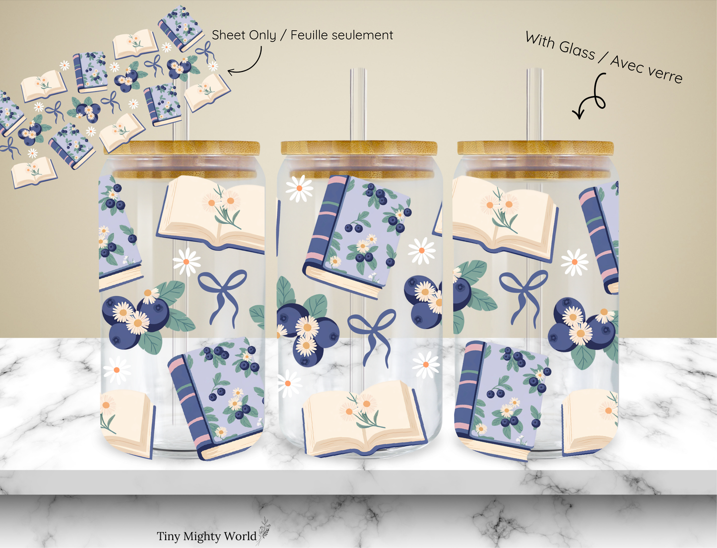 UV DTF Decal or Glass Cup – 16oz Cup or Transfer Sheet Option - Blueberry Book Cozy Reading