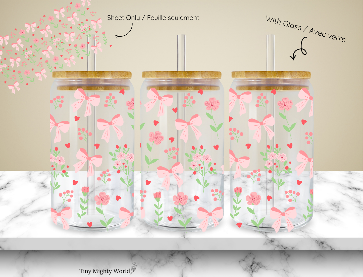 UV DTF Decal or Glass Cup – 16oz Cup or Transfer Sheet Option -Flower & Bows Collection 2026