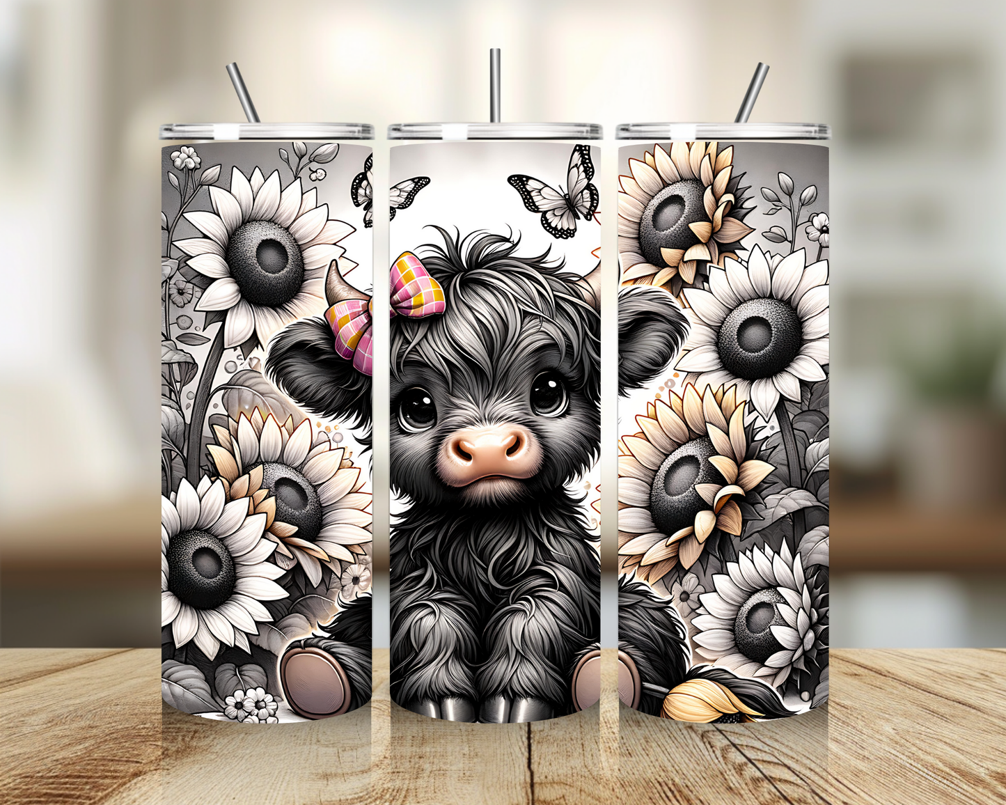 Tumbler 20 oz - Sunflower Highland Cow Tumbler - Insulated Stainless Steel