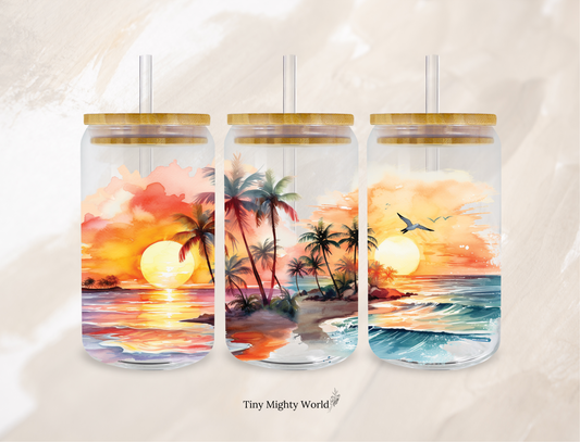 UV DTF Decal or Glass Cup – 16oz Cup or Transfer Sheet Option – Palm tree sunset