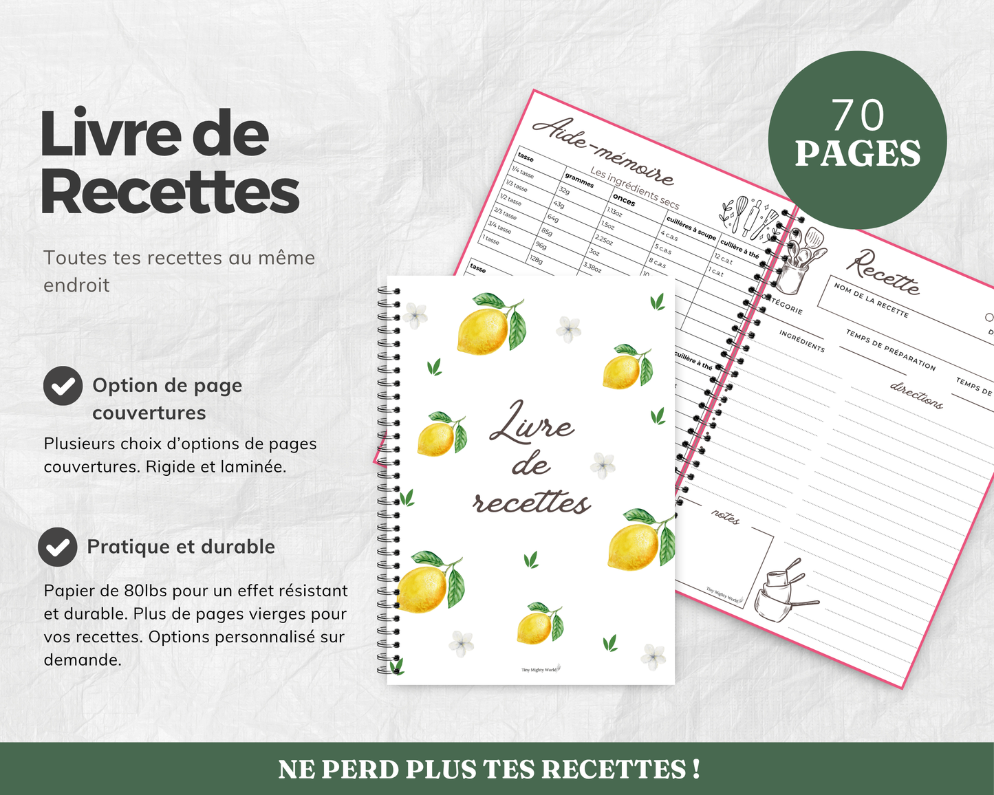 Livre de Recettes Citron – 70 Pages Recto Verso, Espace Notes & Aide-Mémoire, Cahier de Cuisine Pratique, Cadeau Gourmand