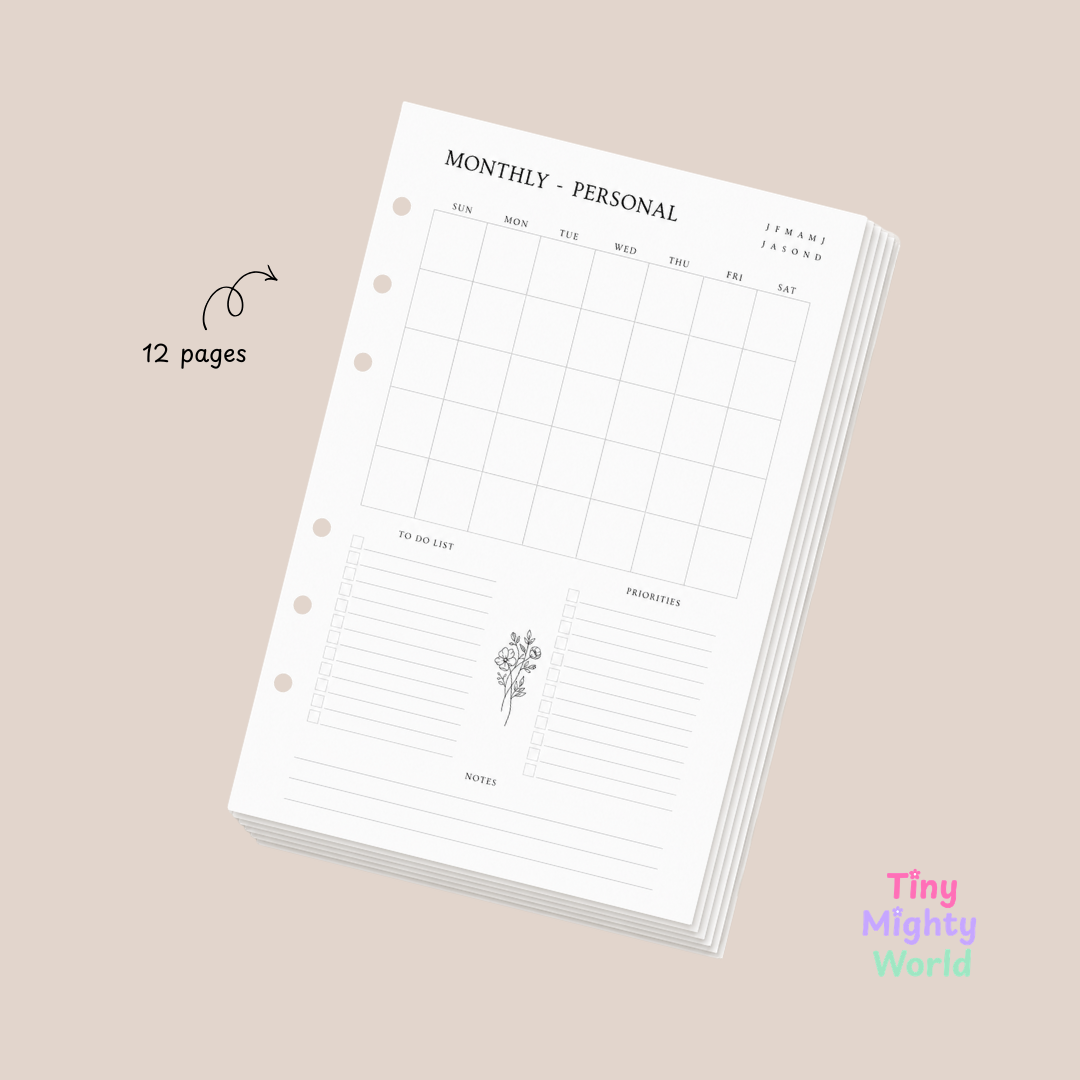 Monthly Planner Inserts | A5 6-Ring Planner Refill