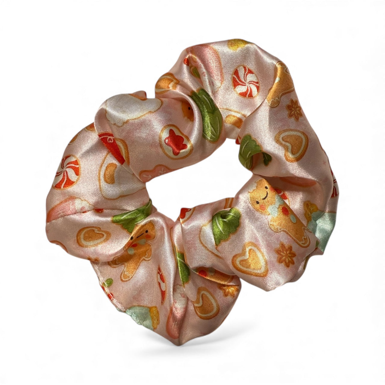 Gingerbread Pink Christmas Satin Scrunchie – Soft, Shiny & Festive 🎀 - Chouchou