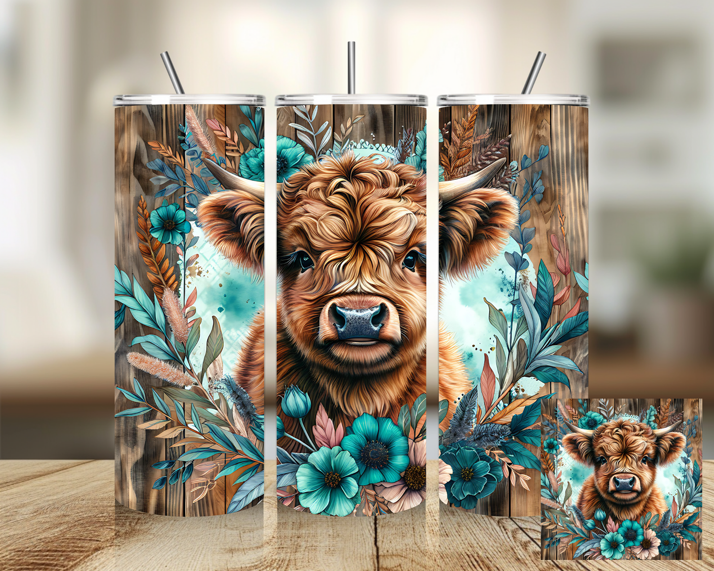 Tumbler 20 oz - Blue Wood Highland Cow Tumbler - Insulated Stainless Steel