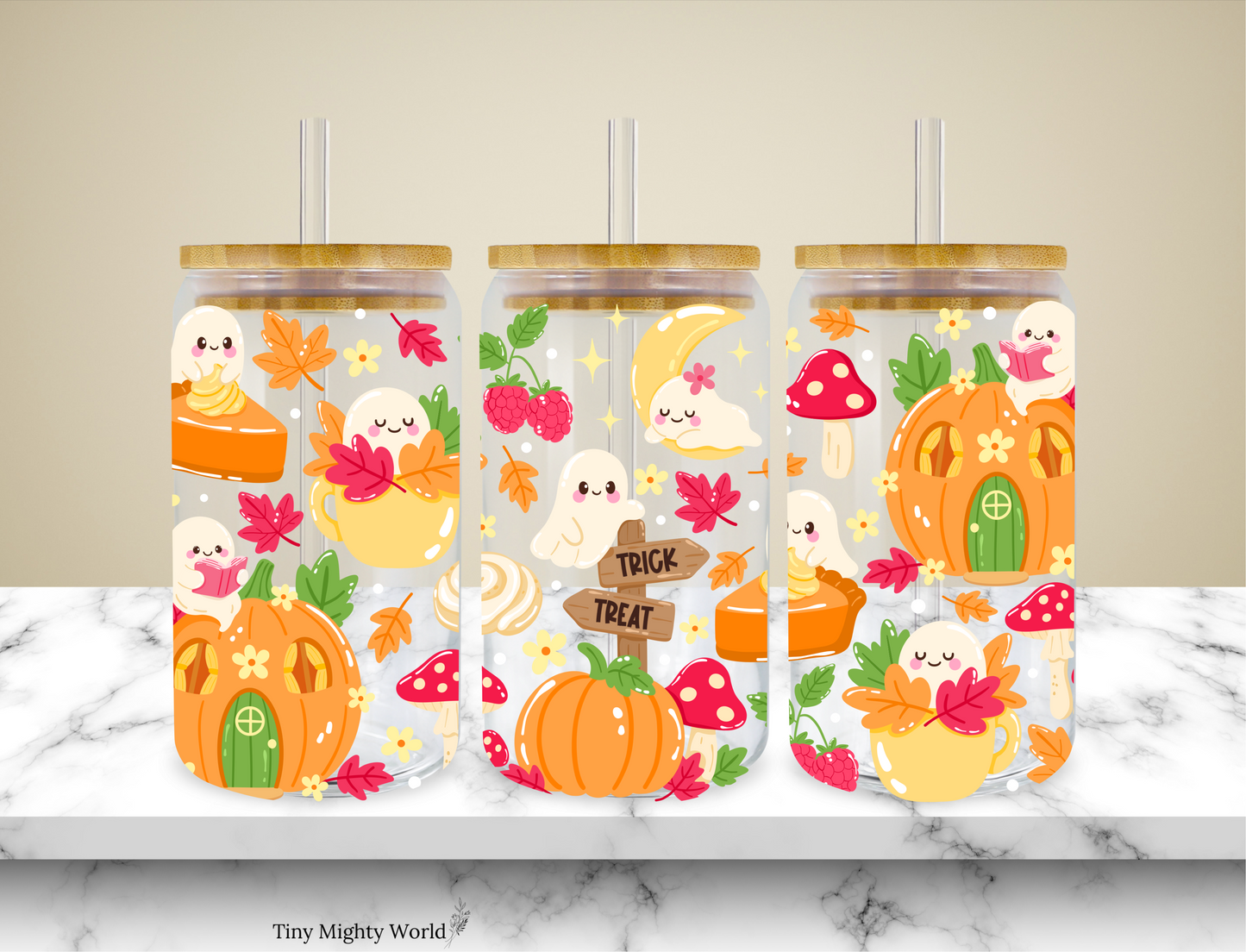 UV DTF Decal or Glass Cup – 16oz Cup or Transfer Sheet Option – Autumn Fall Ghost Pumpkin Leaf