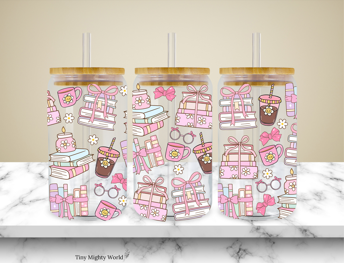 UV DTF Decal or Glass Cup – 16oz Cup or Transfer Sheet Option – Bookish Iced Coffee Cup Pink