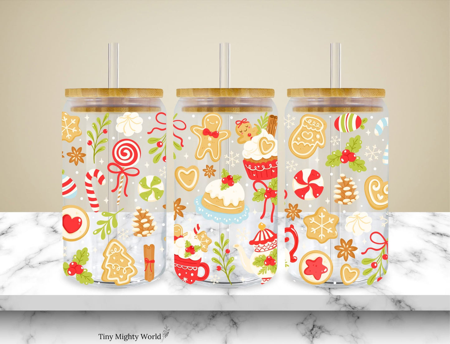UV DTF Decal or Glass Cup – 16oz Cup or Transfer Sheet Option - Christmas Gingerbread Cane Cake Coffee