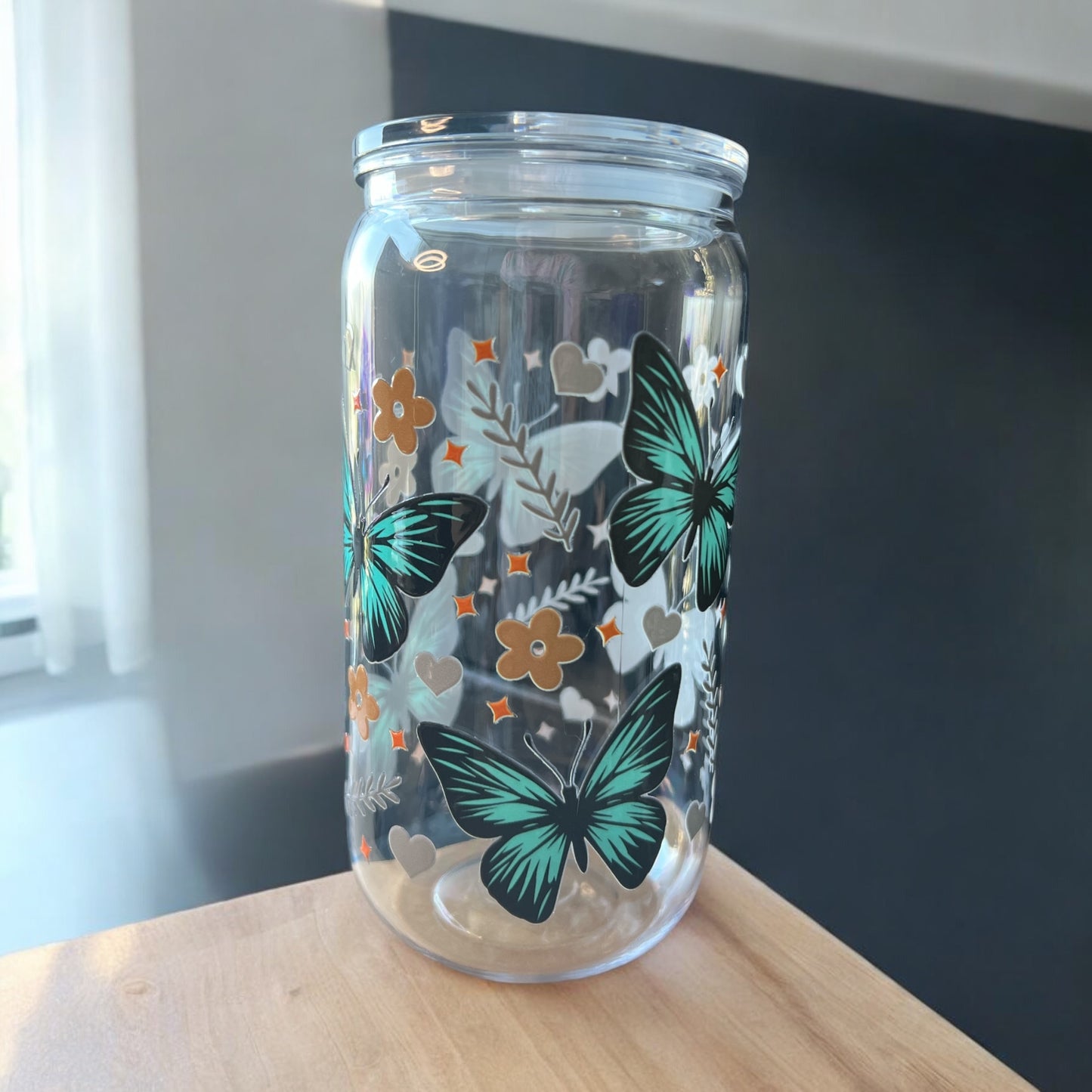 Butterfly glass cup UVDTF transfert blue butterfly golden flower
