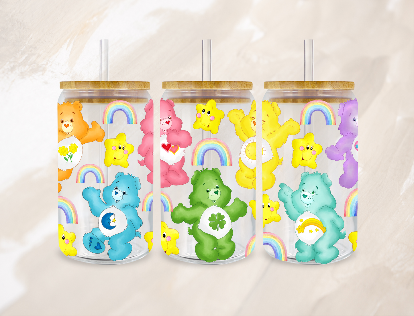 UV DTF Decal or Glass Cup – 16oz Cup or Transfer Sheet Option – Colorful Happy Bears