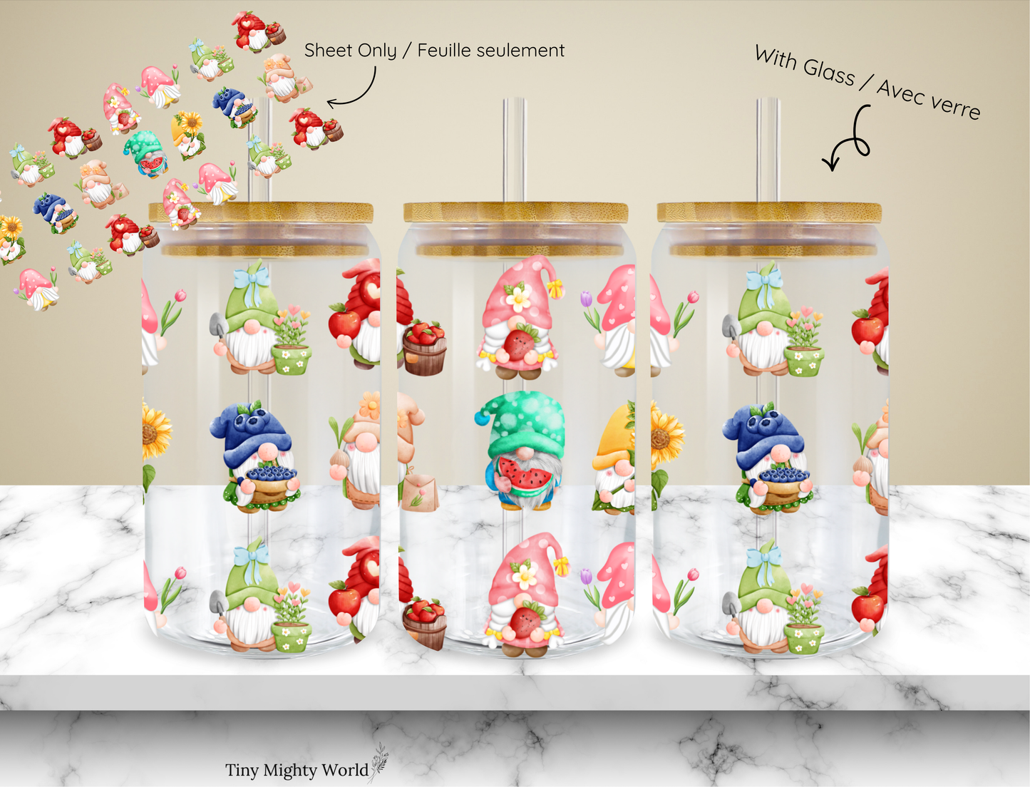 UV DTF Decal or Glass Cup – 16oz Cup or Transfer Sheet Option - Gnomes