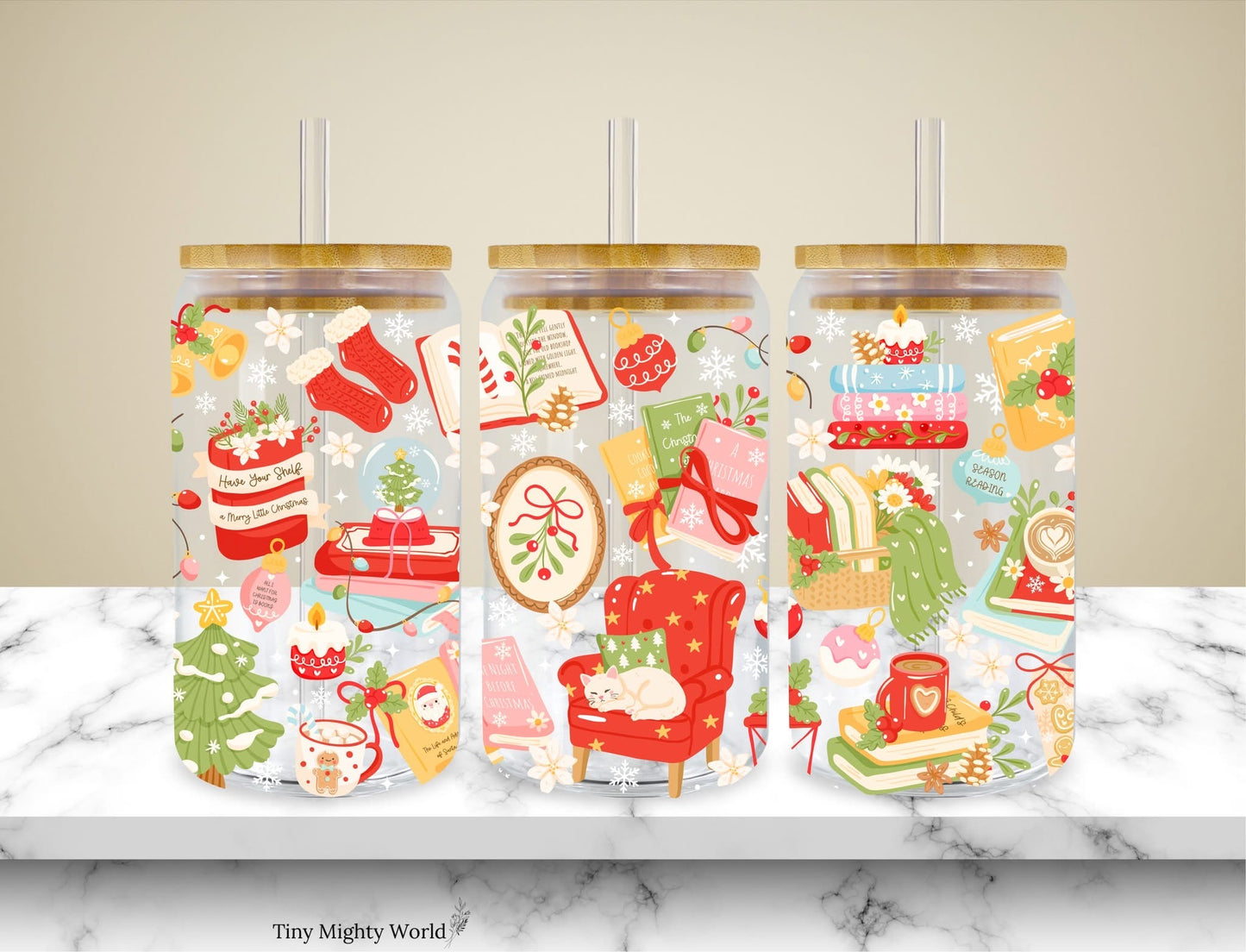 UV DTF Decal or Glass Cup – 16oz Cup or Transfer Sheet Option - Christmas Books Selflove