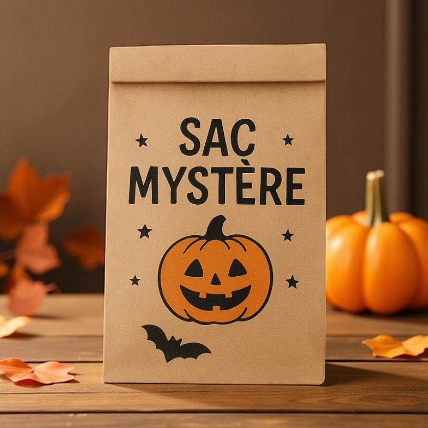 Sac mystère Halloween rempli de papeterie et de bonbons : cahier de notes, 2 crayons, Post-it, autocollants et poignée de bonbons, ambiance festive Halloween avec citrouilles et décorations.