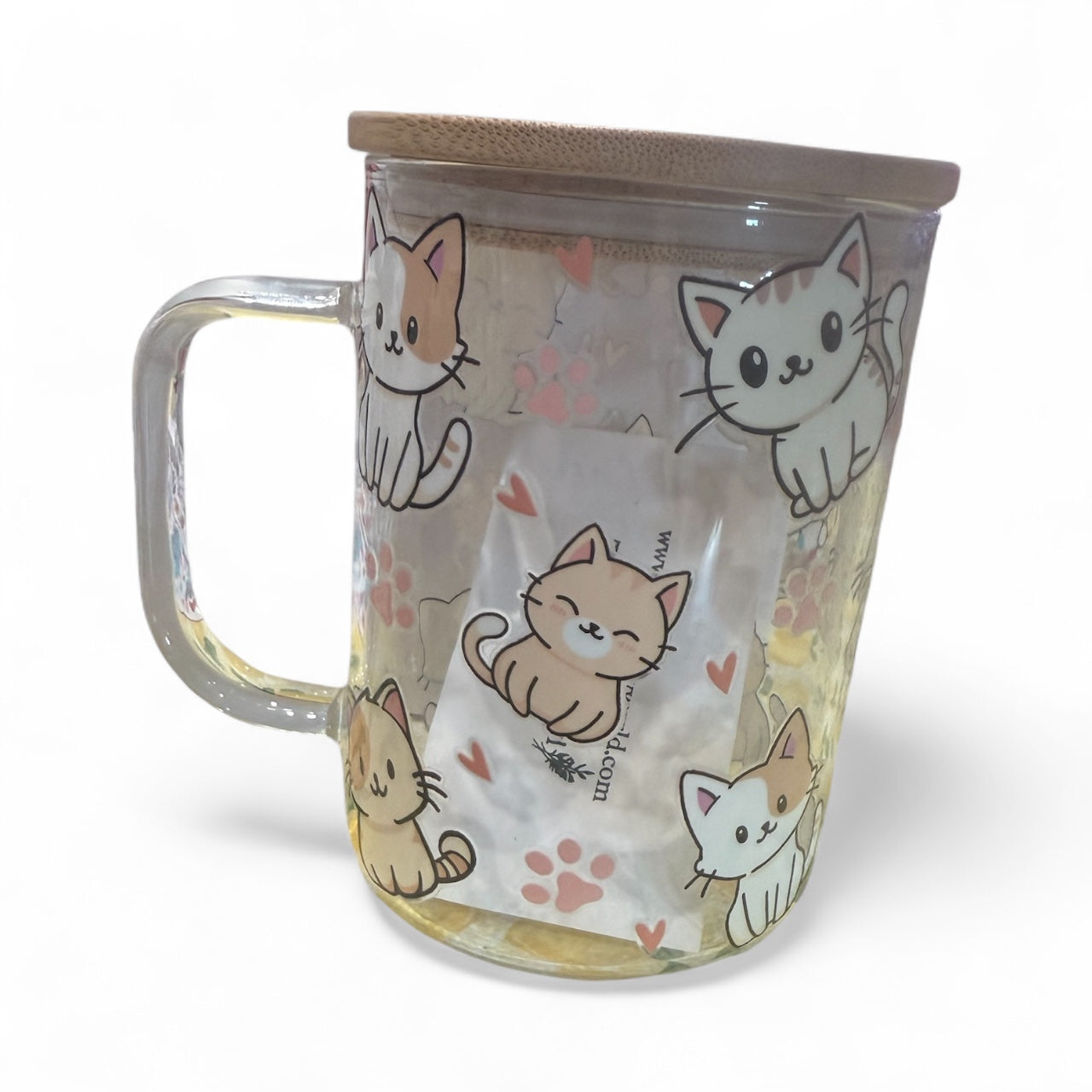 Chat Beige Noir Blanc Amour – Mug en verre 47 cl avec anse et couvercle en plastique pour paille – Gobelet réutilisable – Autocollants UVDTF
