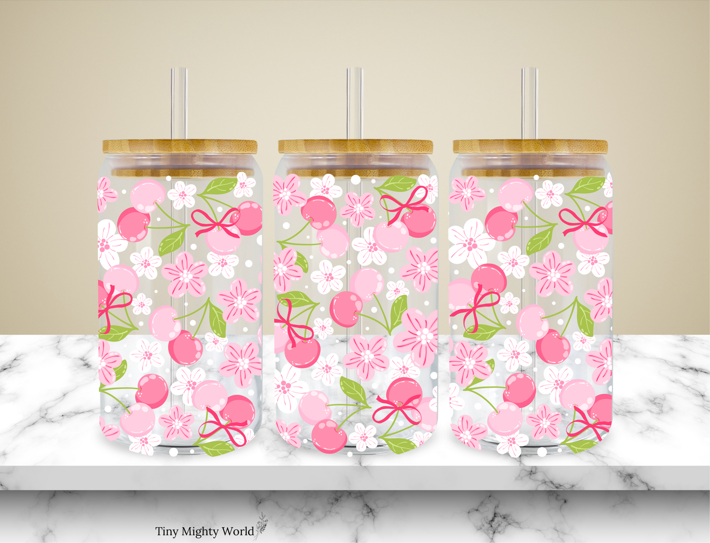 UV DTF Decal or Glass Cup – 16oz Cup or Transfer Sheet Option - Cherry Flower Pink