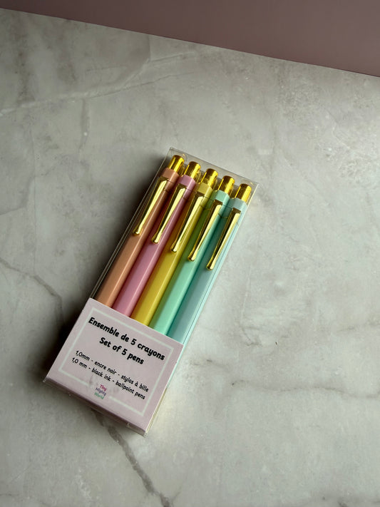 Pastel Ballpoint Pen Set | Black Ink | Gold Accent | Tiny Mighty World