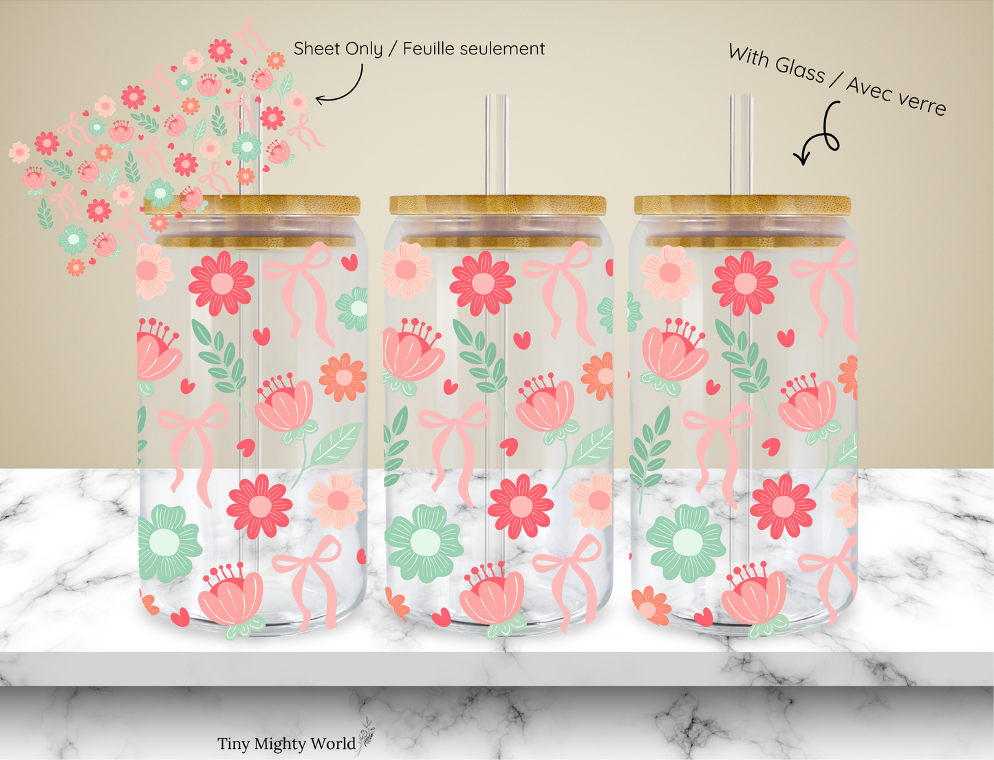 UV DTF Decal or Glass Cup – 16oz Cup or Transfer Sheet Option - Pastel Pink Blue Flower Summer