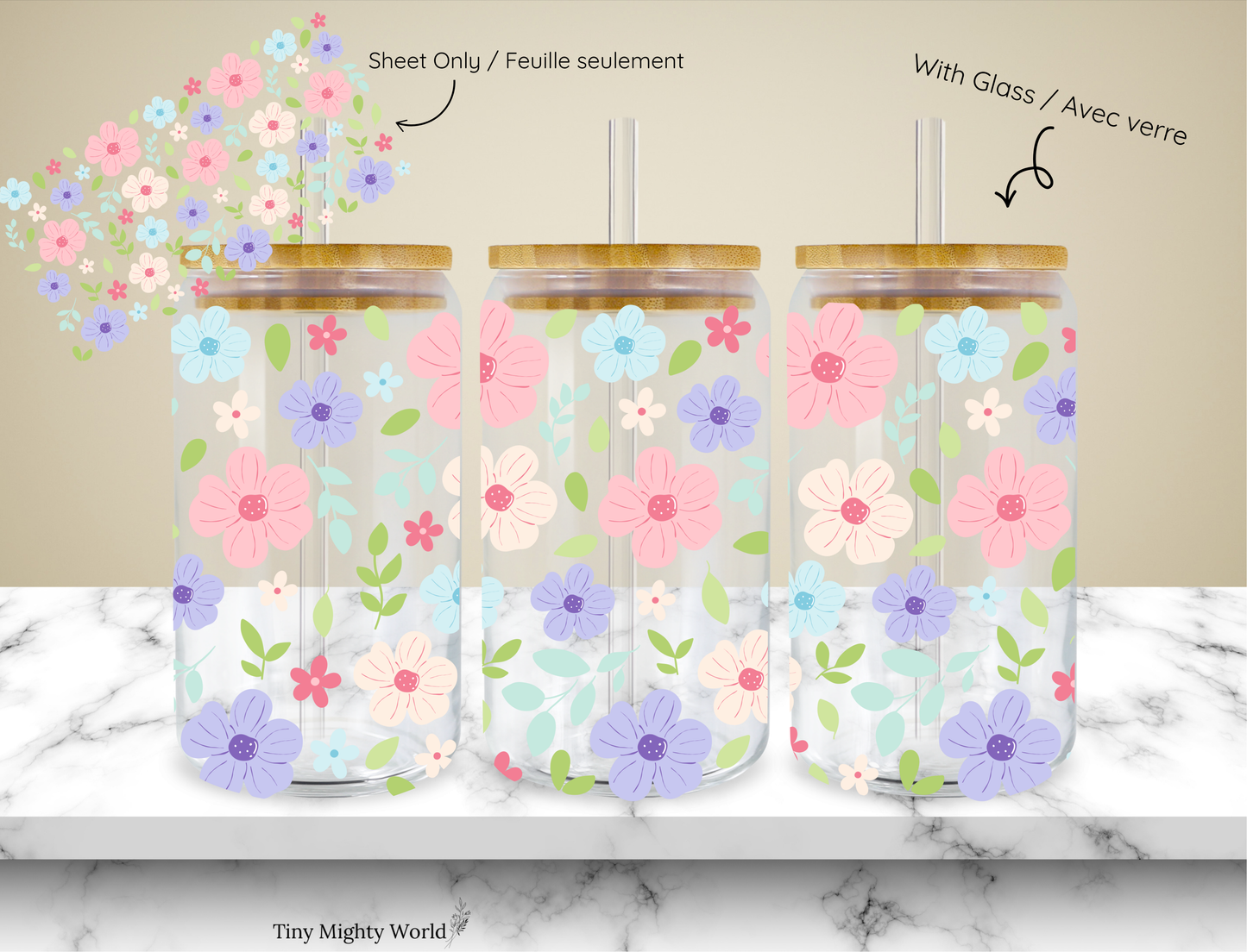 UV DTF Decal or Glass Cup – 16oz Cup or Transfer Sheet Option - Pastel Pink Blue Purple Flower Summer