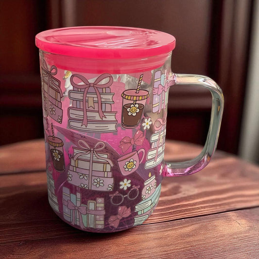 Iced Coffee Bookish Coffee Book Lover - 16 oz Glass Mug with Handle & Plastic Lid for Straw – Reusable Drinking Cup - UVDTF Stickers