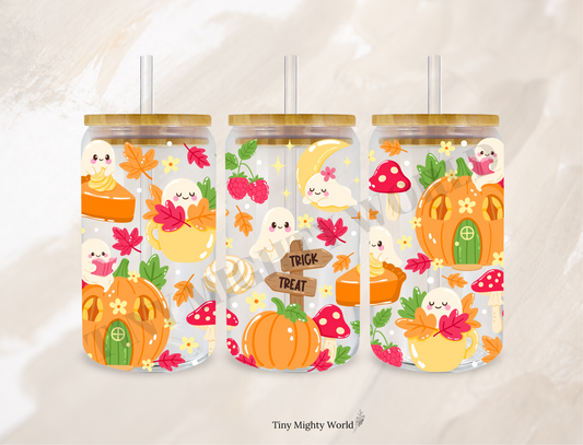 UV DTF Decal or Glass Cup – 16oz Cup or Transfer Sheet Option – Pumpkin Ghost Autumn Vibe