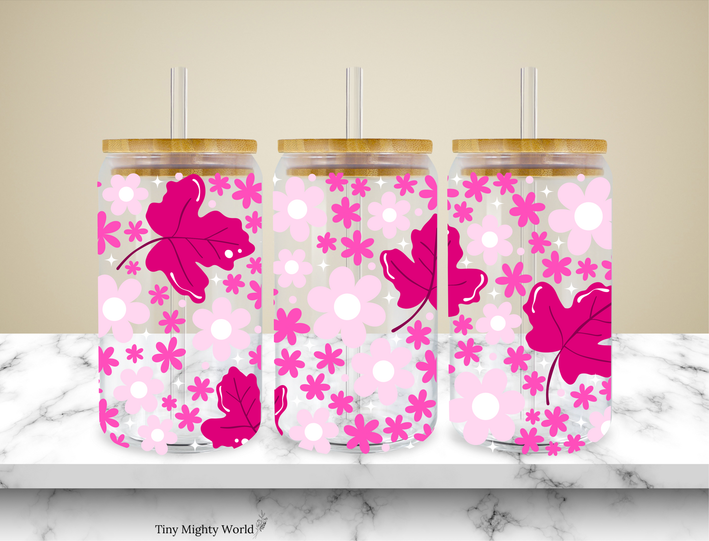 UV DTF Decal or Glass Cup – 16oz Cup or Transfer Sheet Option -  Pink Aesthetic Flower Leaf