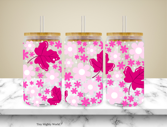 UV DTF Decal or Glass Cup – 16oz Cup or Transfer Sheet Option -  Pink Aesthetic Flower Leaf