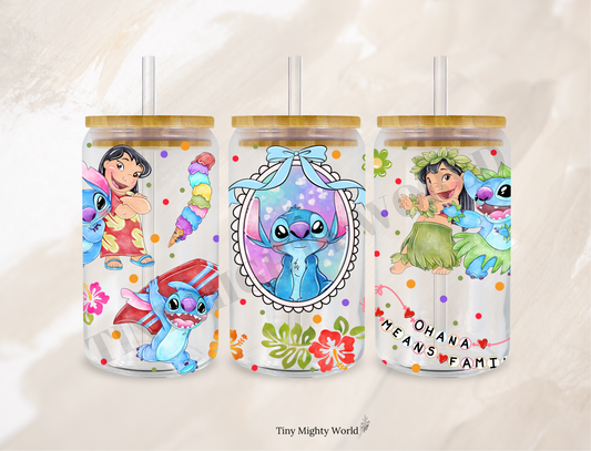 UV DTF Decal or Glass Cup – 16oz Cup or Transfer Sheet Option – Blue alien Family