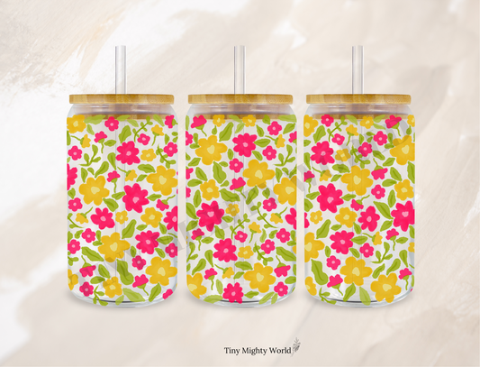UV DTF Decal or Glass Cup – 16oz Cup or Transfer Sheet Option – Flowers Pink Yellow Summer