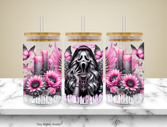 UV DTF Decal or Glass Cup – 16oz Cup or Transfer Sheet Option -  Spooky Girl Black Pink Scary Flower Vibe