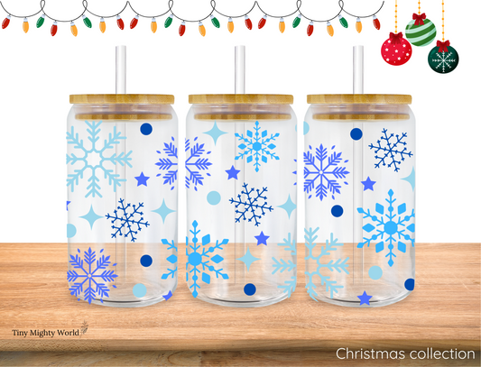 UV DTF Decal or Glass Cup – 16oz Cup or Transfer Sheet Option -  Blue Snowflake Christmas Winter
