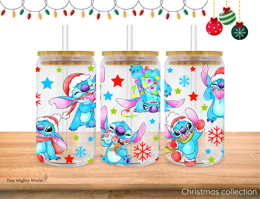 UV DTF Decal or Glass Cup – 16oz Cup or Transfer Sheet Option -  Christmas Blue Alien Snow
