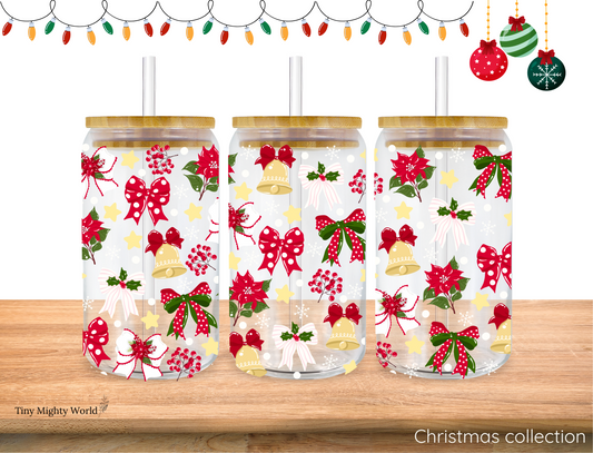 UV DTF Decal or Glass Cup – 16oz Cup or Transfer Sheet Option -  Christmas Bow Glimsy Bells