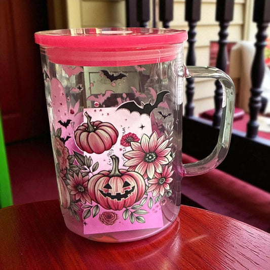 Ghost Pink Pumpkin Halloween Spooky - 16 oz Glass Mug with Handle & Plastic Lid for Straw – Reusable Drinking Cup - UVDTF Stickers