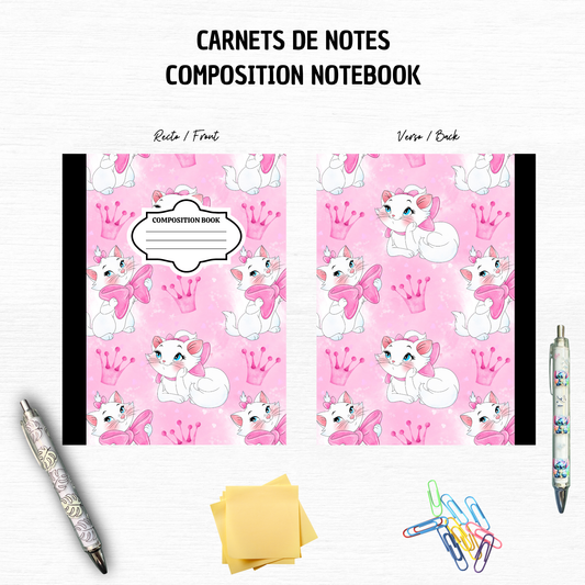 Cat White Pink Back – 7x10 inches, 100 Lined Pages – Trendy Stationery