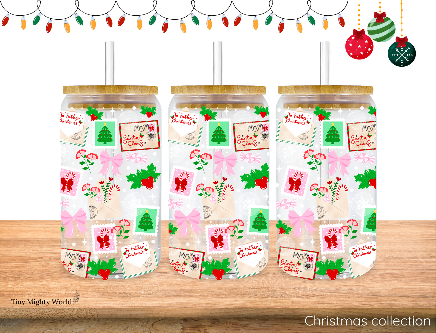 UV DTF Decal or Glass Cup – 16oz Cup or Transfer Sheet Option -  Christmas Winter Stamps Santa