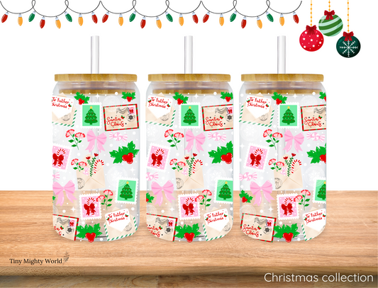 UV DTF Decal or Glass Cup – 16oz Cup or Transfer Sheet Option -  Christmas Winter Stamps Santa
