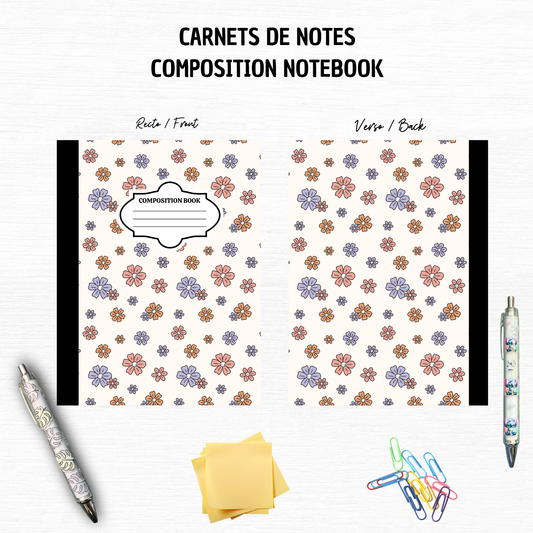 Purple White Beige Flowers - Composition Notebook – 7x10 inches, 100 Lined Pages – Trendy Stationery