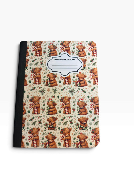 Candy Cane Highland Cow - Composition Notebook – 7x10 inches, 100 Lined Pages – Trendy Stationery