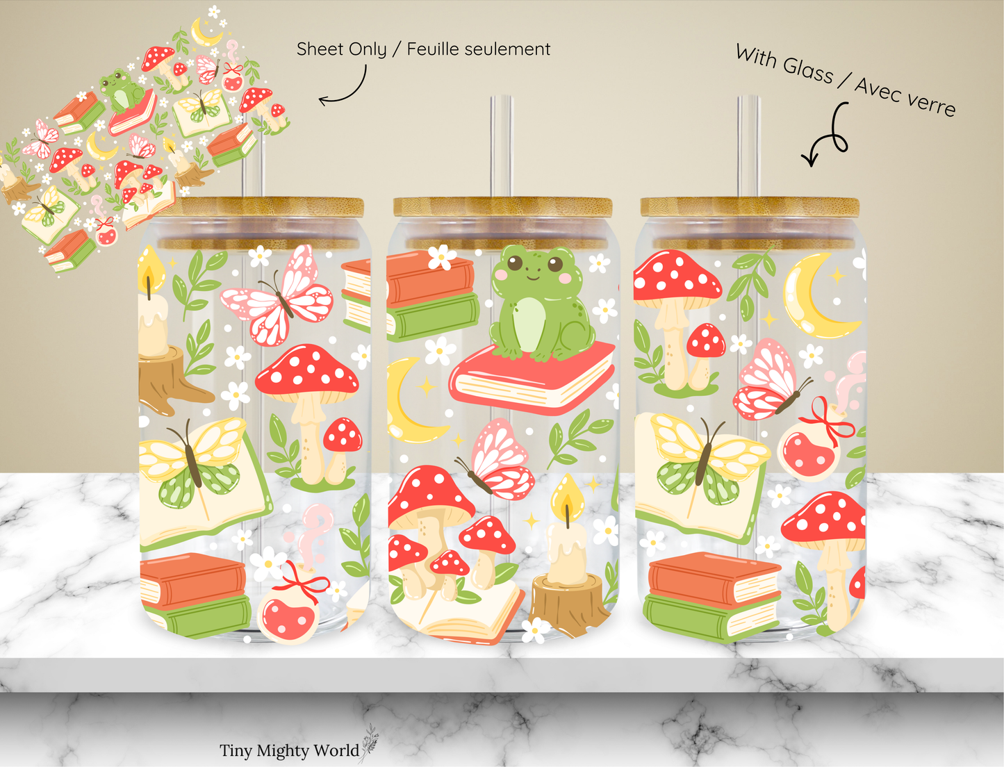 UV DTF Decal or Glass Cup – 16oz Cup or Transfer Sheet Option -Frog Mushroom Books Collection Summer 2026