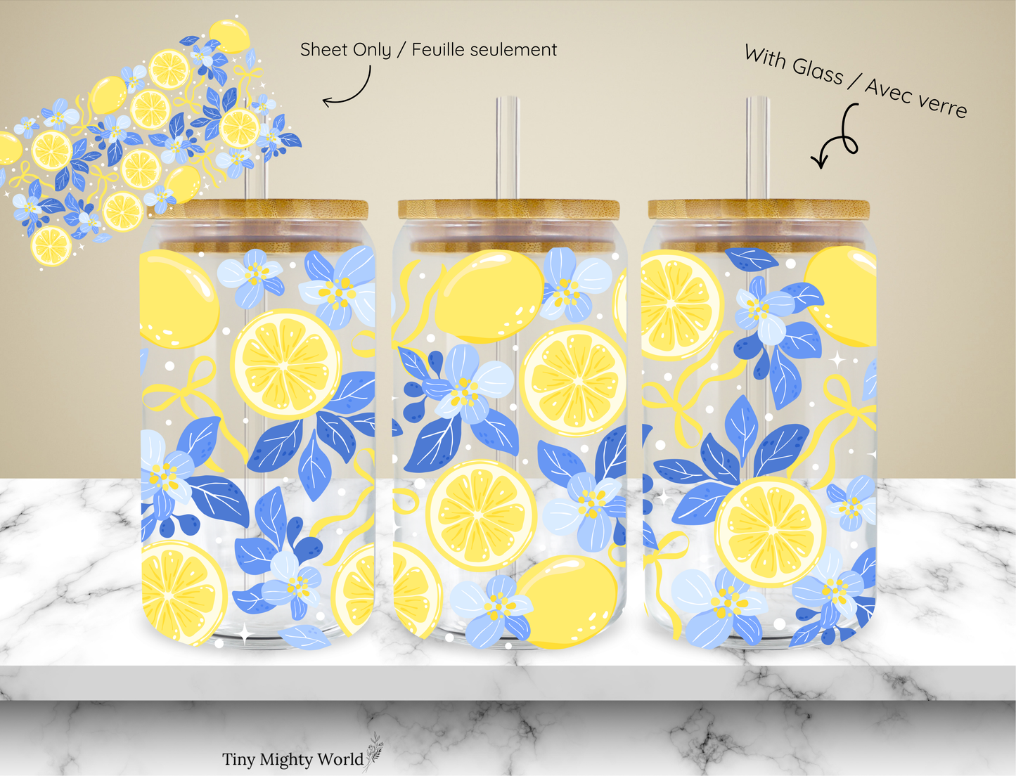 UV DTF Decal or Glass Cup – 16oz Cup or Transfer Sheet Option -  Lemon Blue Leaf Collection Summer 2026