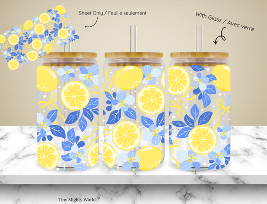 UV DTF Decal or Glass Cup – 16oz Cup or Transfer Sheet Option -  Lemon Blue Leaf Collection Summer 2026