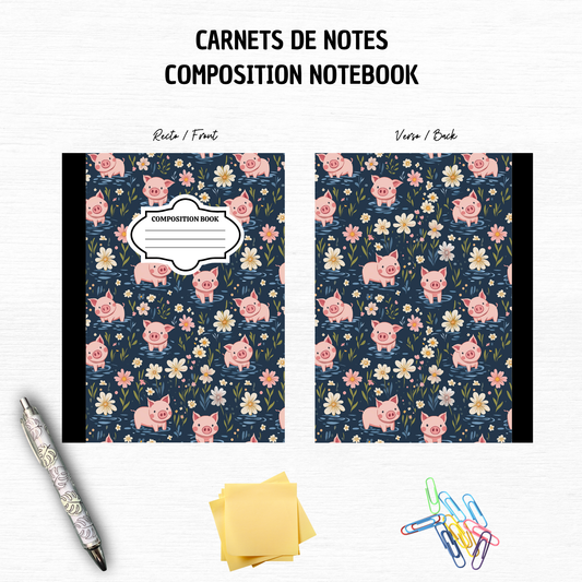 Flowers Pigs Cute - Composition Notebook – 7x10 inches, 100 Lined Pages – Trendy Stationery