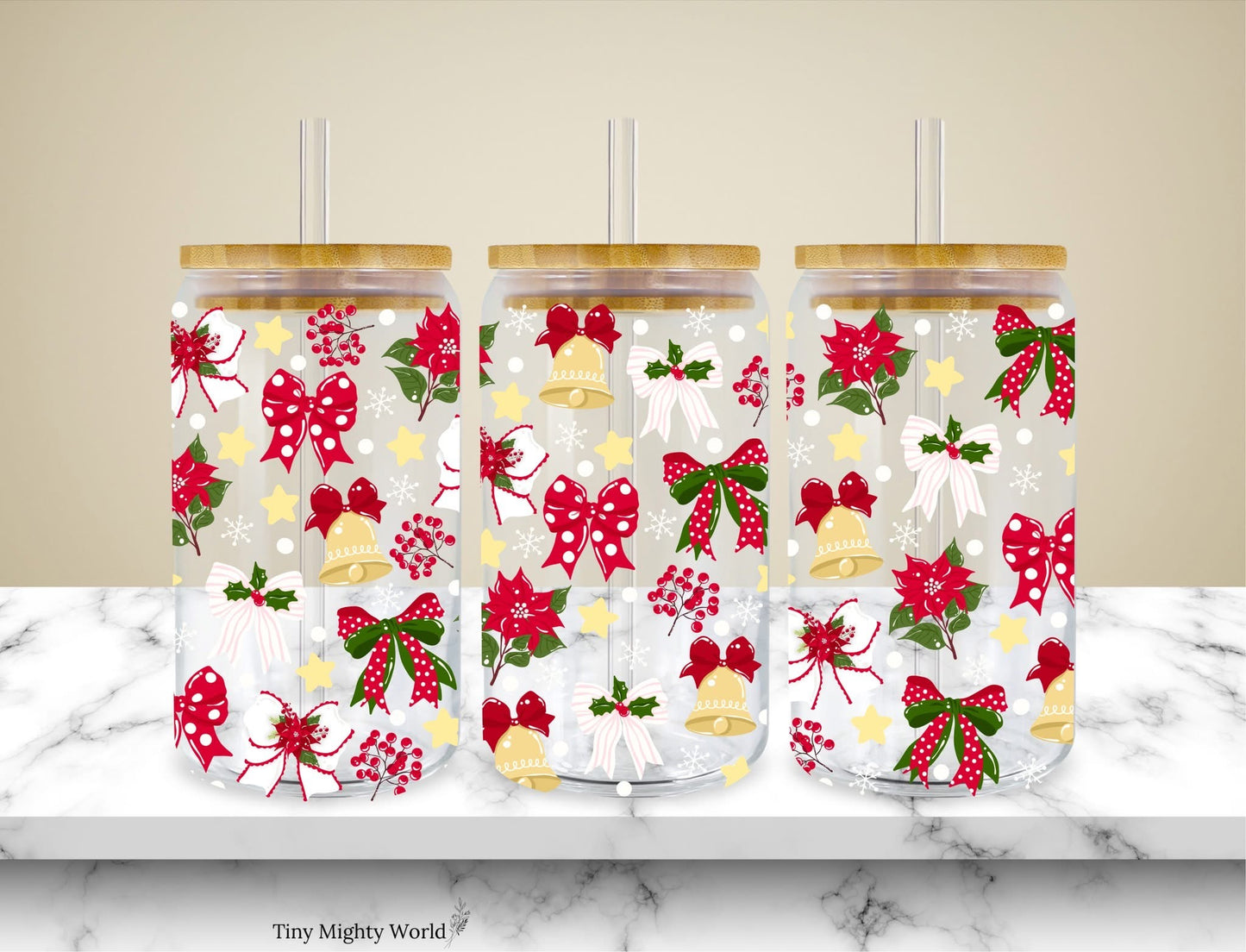 UV DTF Decal or Glass Cup – 16oz Cup or Transfer Sheet Option -  Christmas Bow Glimsy Bells