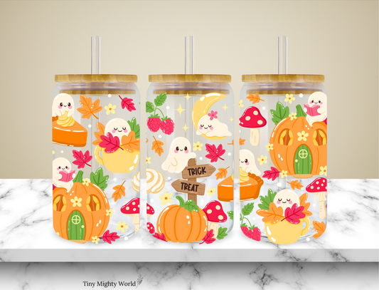 UV DTF Decal or Glass Cup – 16oz Cup or Transfer Sheet Option – Autumn Fall Ghost Pumpkin Leaf