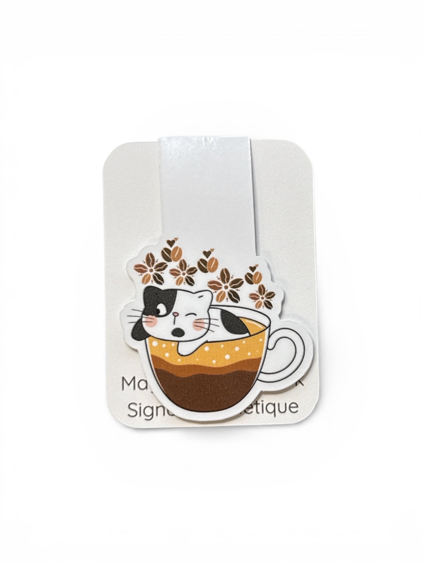 Coffee Cat Die-Cut Magnetic Bookmark – Artistic Page Holder - 1 unit