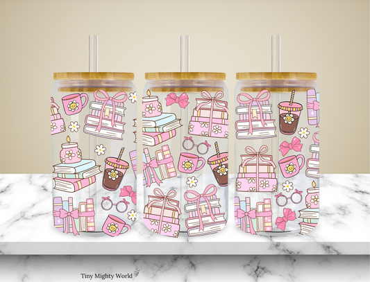 UV DTF Decal or Glass Cup – 16oz Cup or Transfer Sheet Option – Bookish Iced Coffee Cup Pink