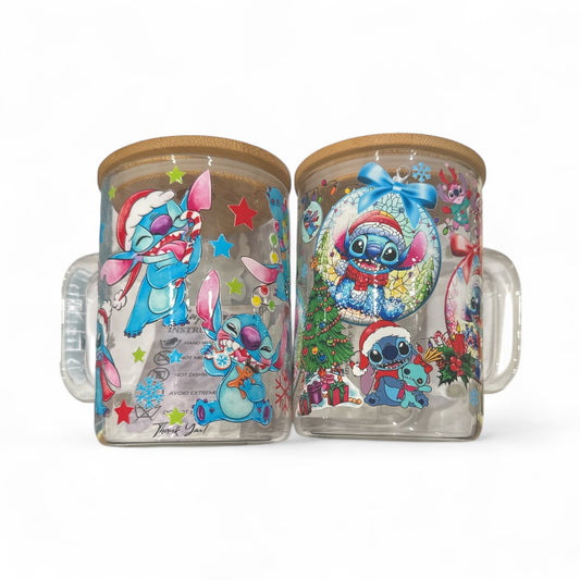 Blue Alien Christmas Winter - 16 oz Glass Mug with Handle & Plastic Lid for Straw – Reusable Drinking Cup - UVDTF Stickers