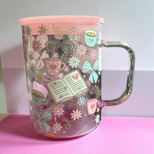 Bookish Coffee Book Lover - 16 oz Glass Mug with Handle & Plastic Lid for Straw – Reusable Drinking Cup - UVDTF Stickers