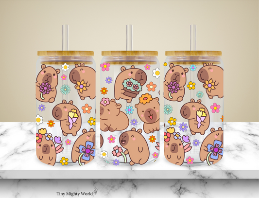 UV DTF Decal or Glass Cup – 16oz Cup or Transfer Sheet Option – Capybara Flowers