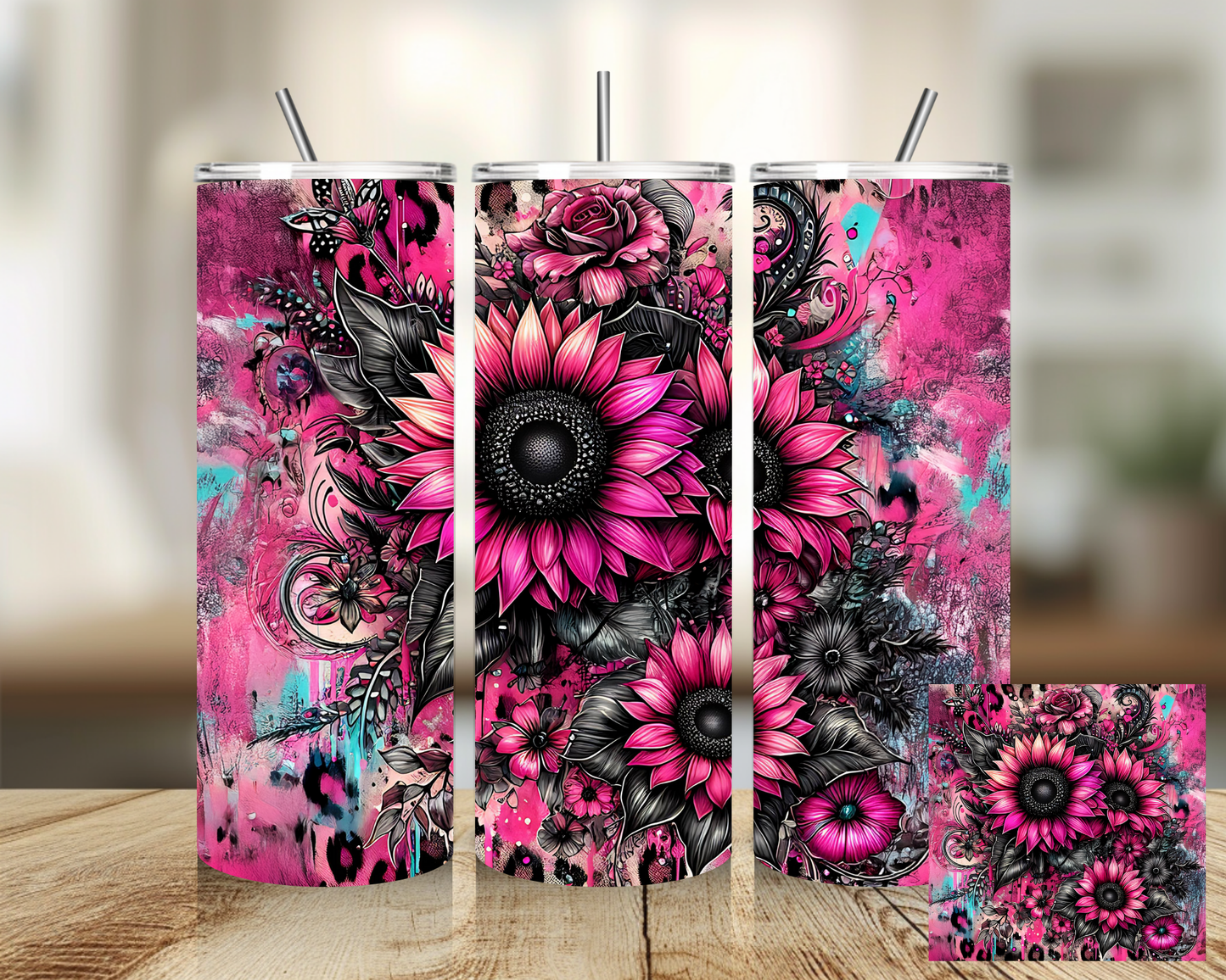 Tumbler 20 oz - Flower Black Pink Mystic  Tumbler - Insulated Stainless Steel