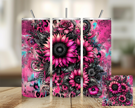 Tumbler 20 oz - Flower Black Pink Mystic  Tumbler - Insulated Stainless Steel